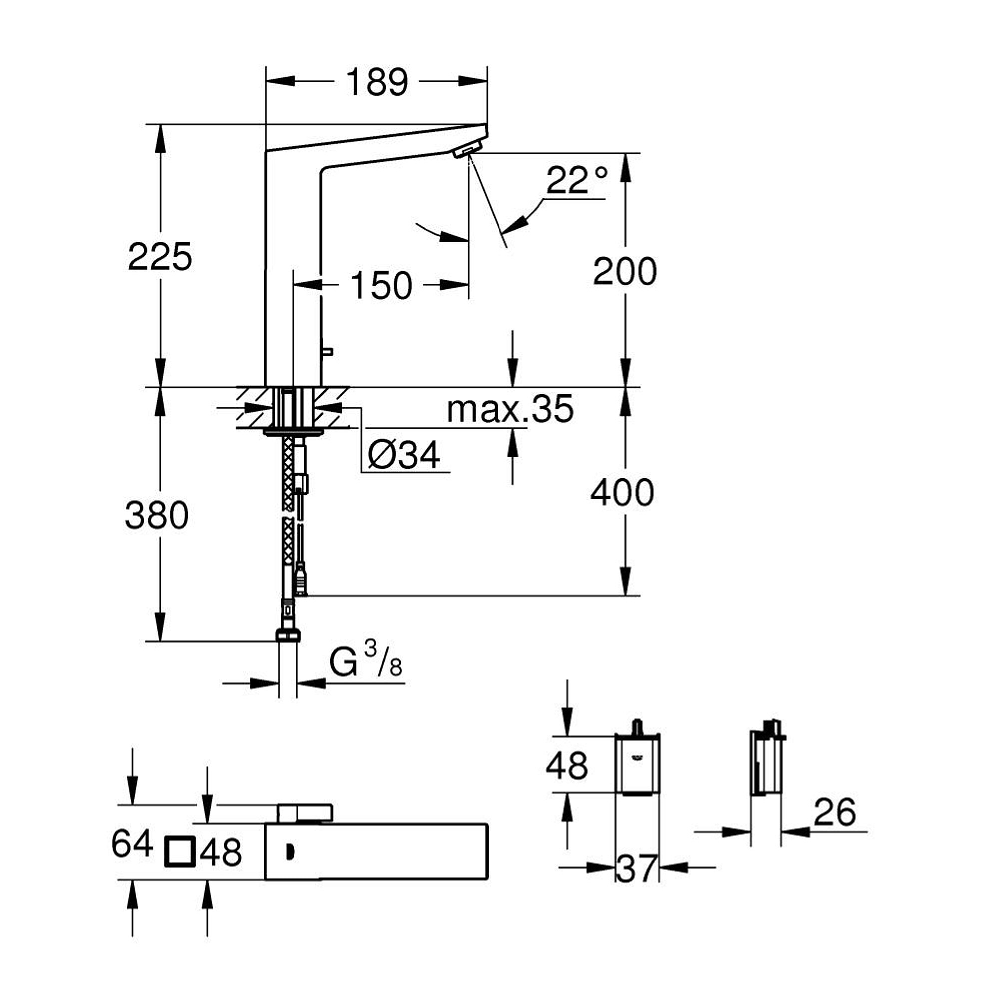Grohe Eurocube E Fotoselli Lavabo Bataryası Sıcaklık Sınırlayıcılı Krom 36441000