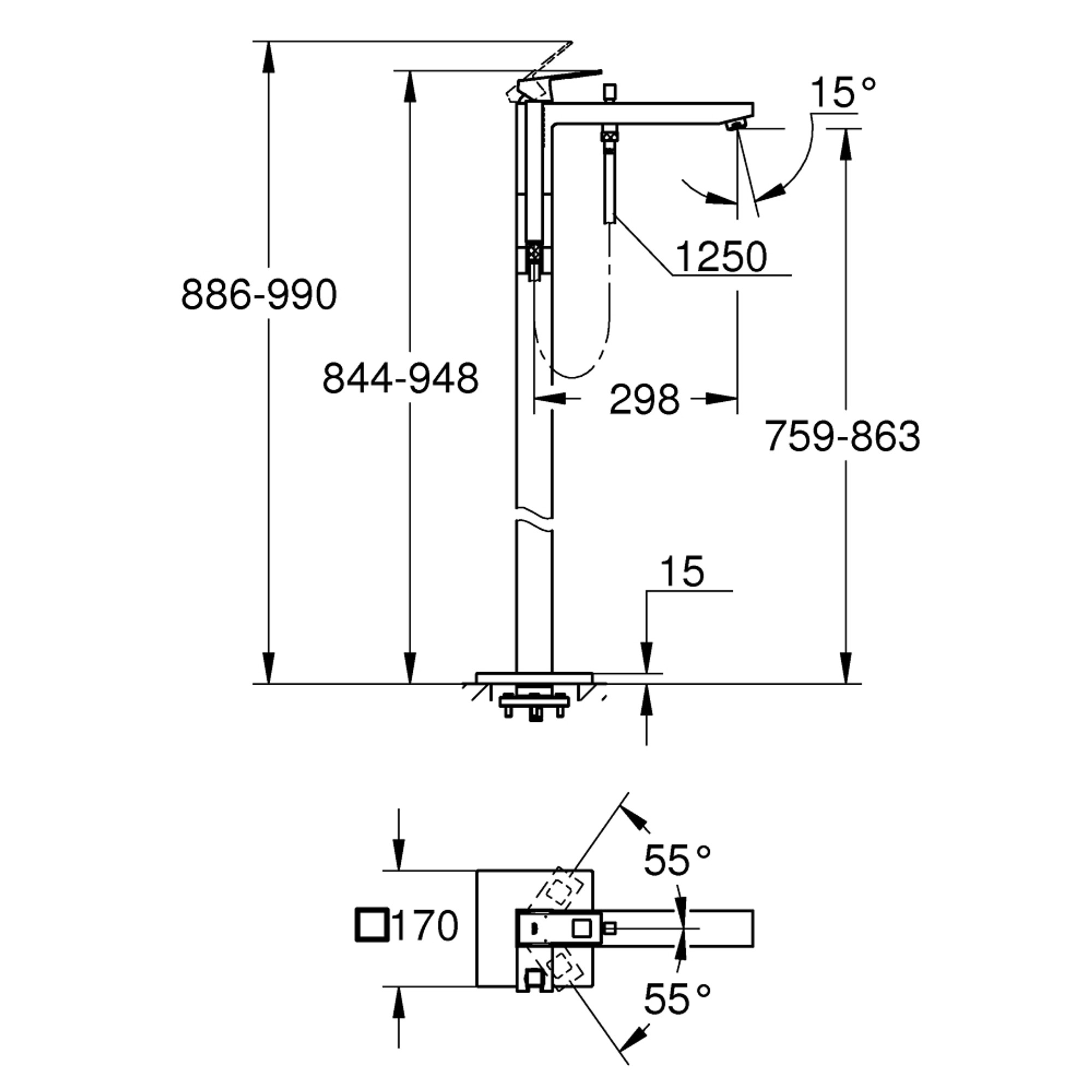 Grohe Eurocube Yerden Küvet Bataryası Fırçalı Sert Grafit 23672AL1