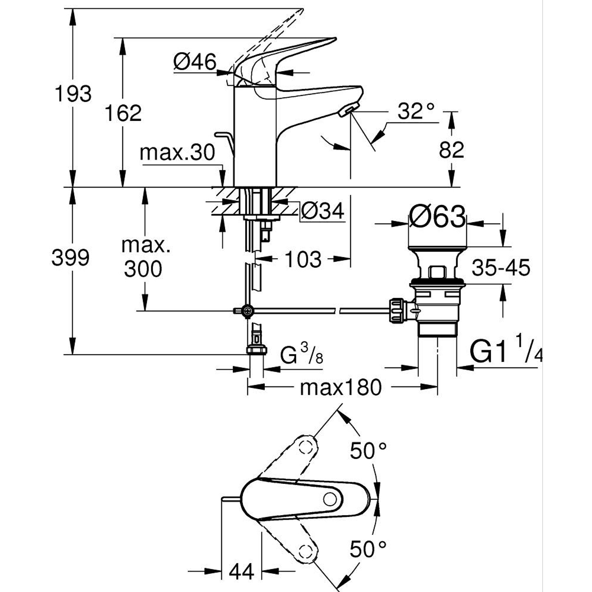 Grohe Euroeco Lavabo Bataryası Sifon Kumandalı (S Boy) Krom 23262001