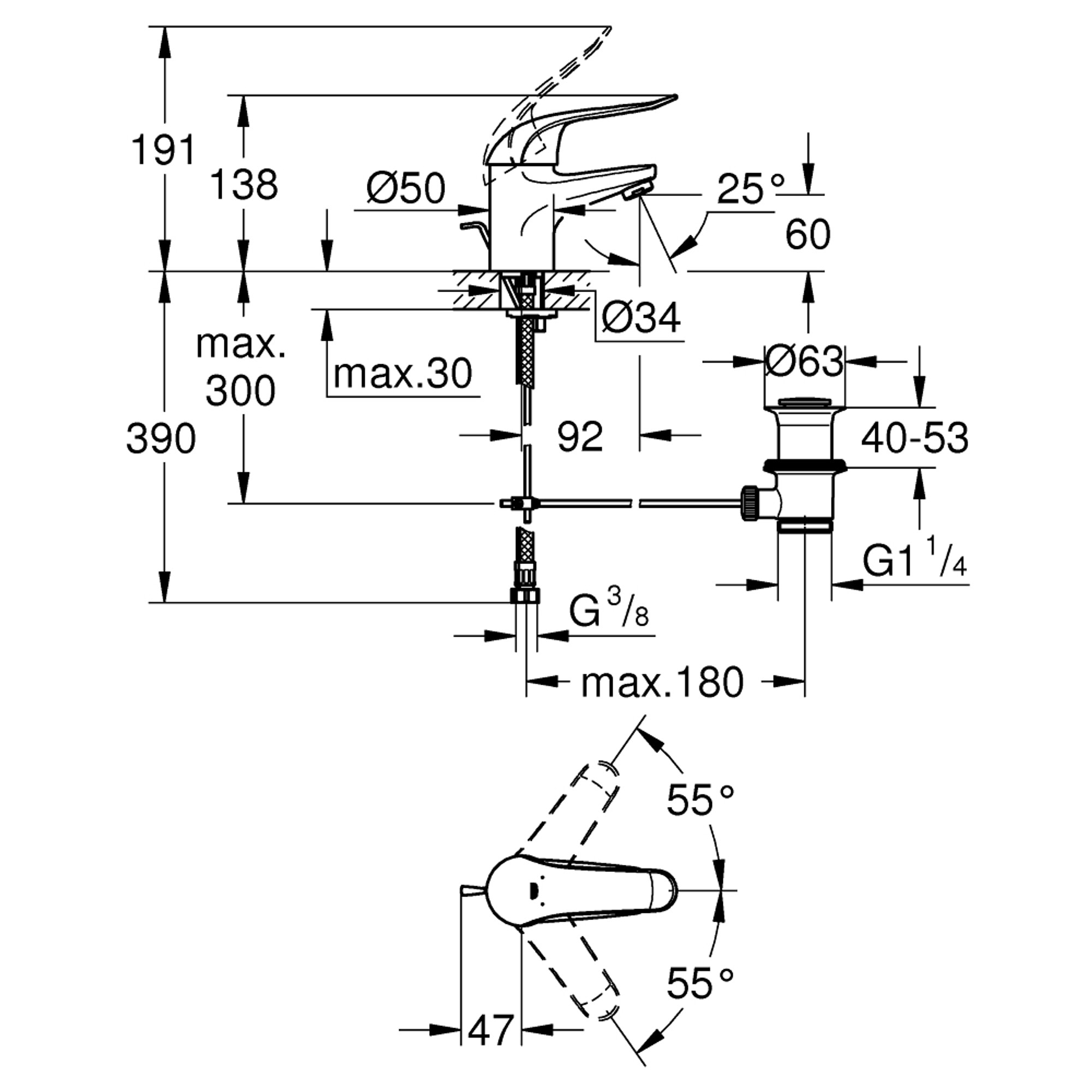 Grohe Euroeco Special Uzun Kumanda Kollu Lavabo Bataryası Sifon Kumandalı Krom 32763000
