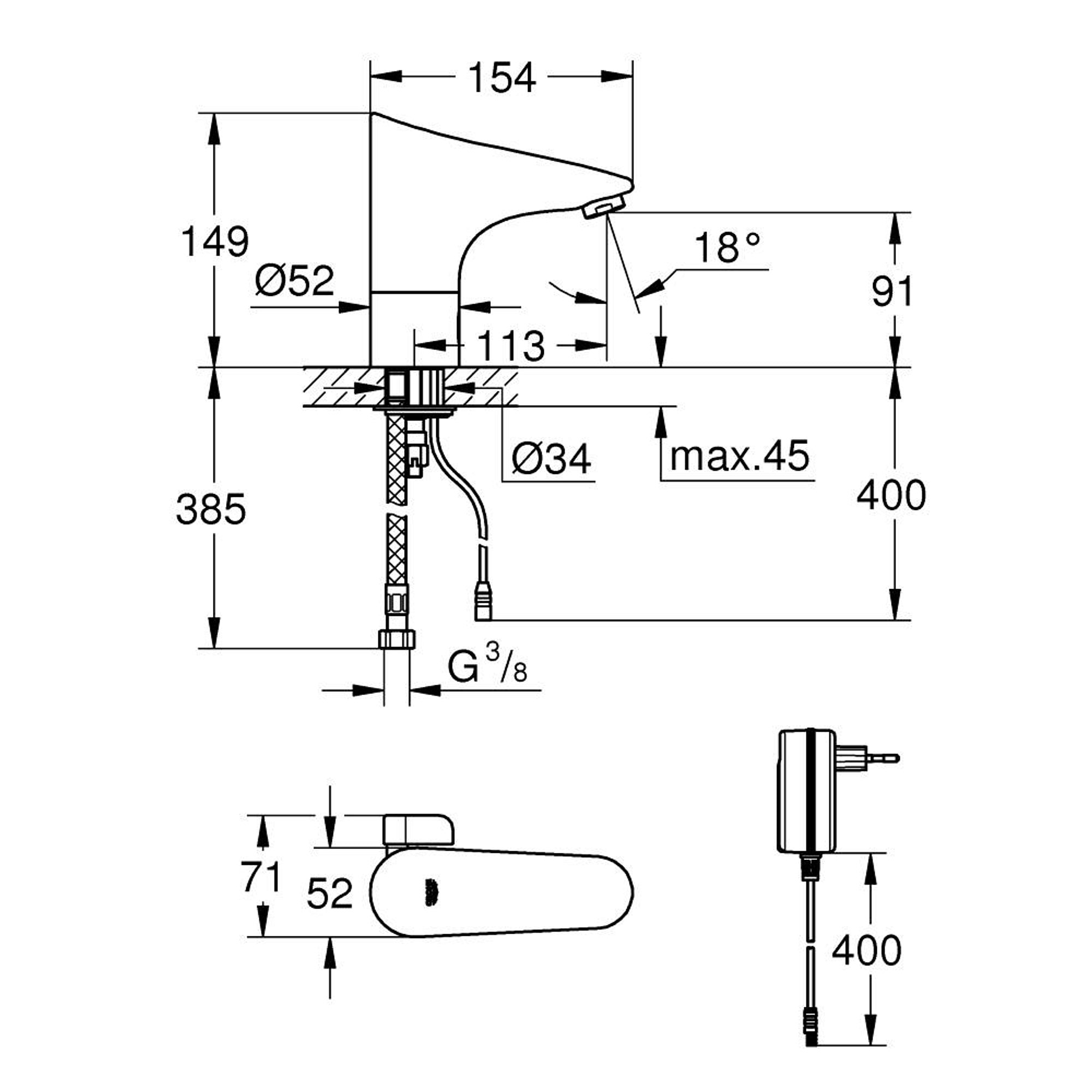 Grohe Europlus E Fotoselli Lavabo Bataryası Sıcaklık Sınırlayıcılı Krom 36015001