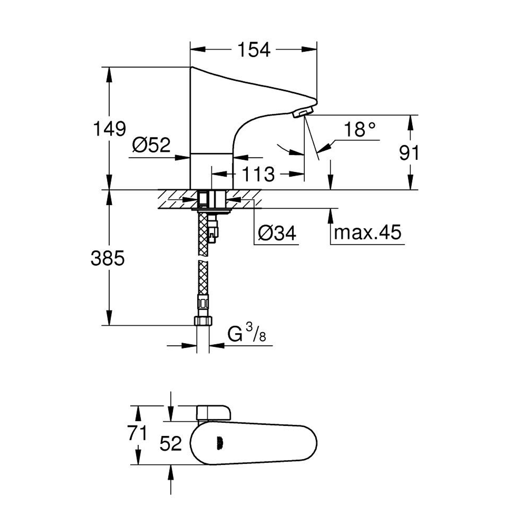 Grohe Europlus E Fotoselli Lavabo Bataryası Sıcaklık Sınırlayıcılı Krom 36207001