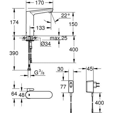 Grohe Eurosmart Cosmopolitan E Fotoselli Lavabo Bataryası, Çift Su Girişli, Ayarlanabilir Sıcaklık Sınırlayıcısı Krom 36421000