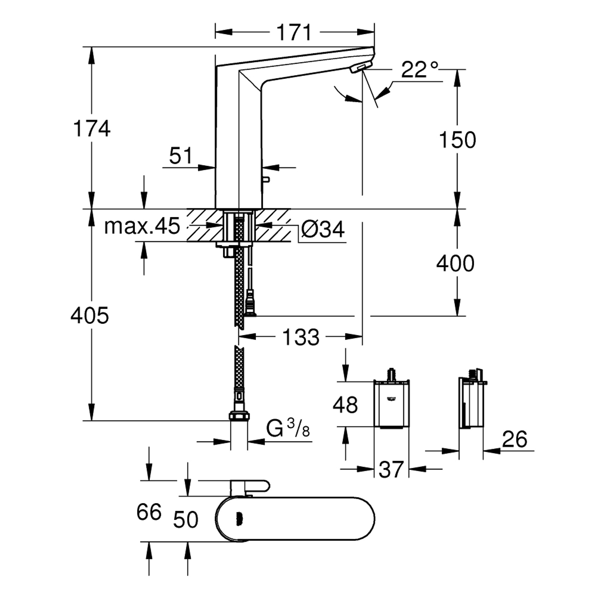 Grohe Eurosmart Cosmopolitan E Fotoselli Lavabo Bataryası L Boy Sıcaklık Sınırlayıcılı Krom 36422001