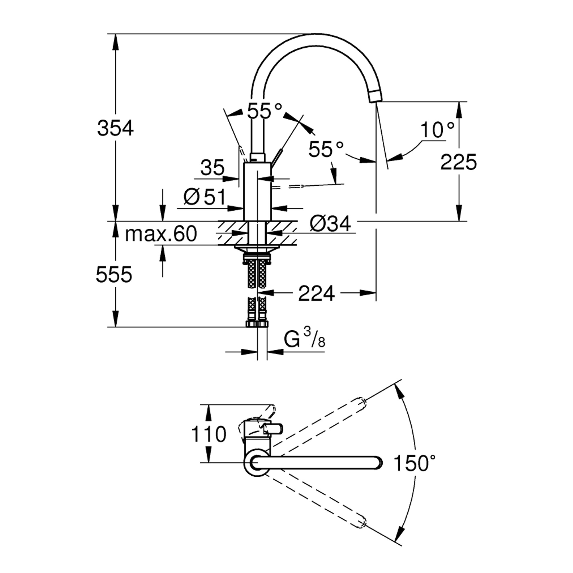 Grohe Eurosmart Cosmopolitan Mutfak Bataryası Krom 3284320E