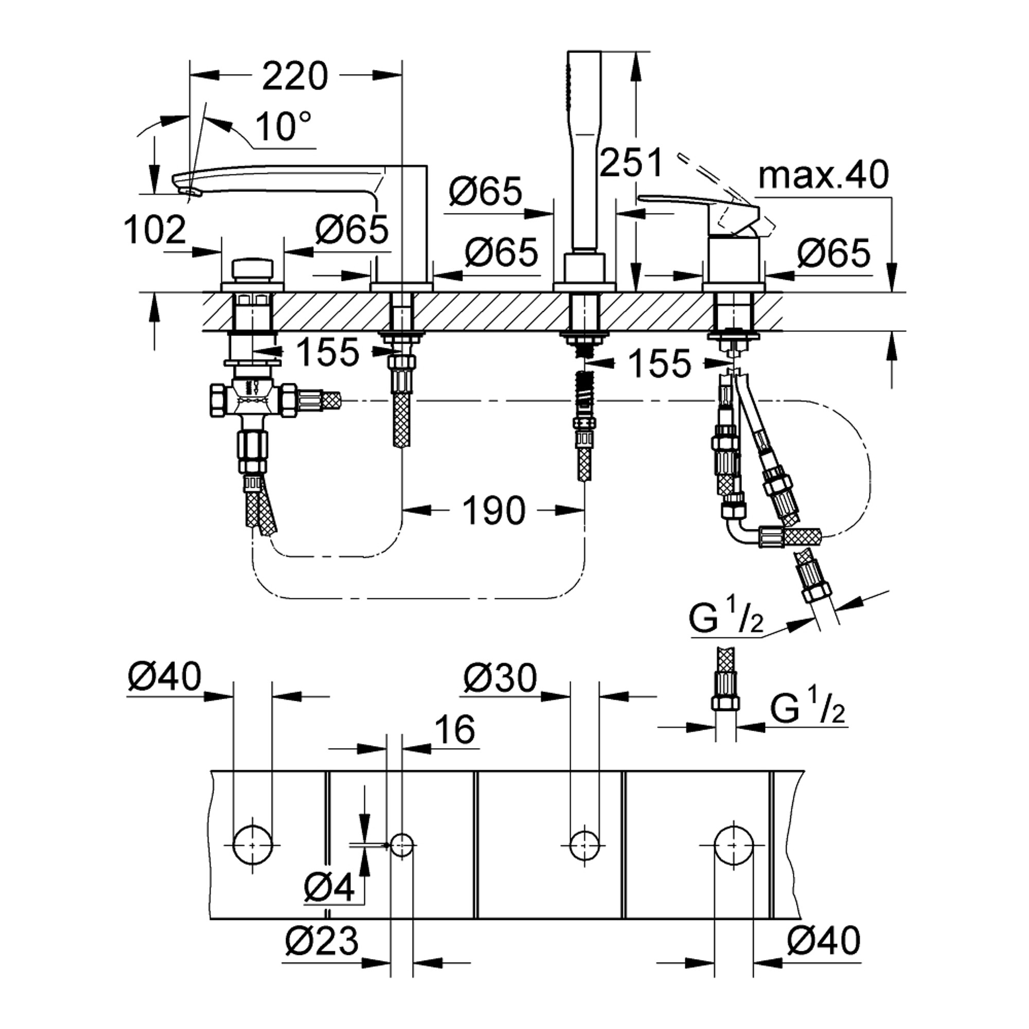 Grohe Eurostyle Cosmopolitan 4 Delikli Küvet Bataryası Seti Krom 23048003