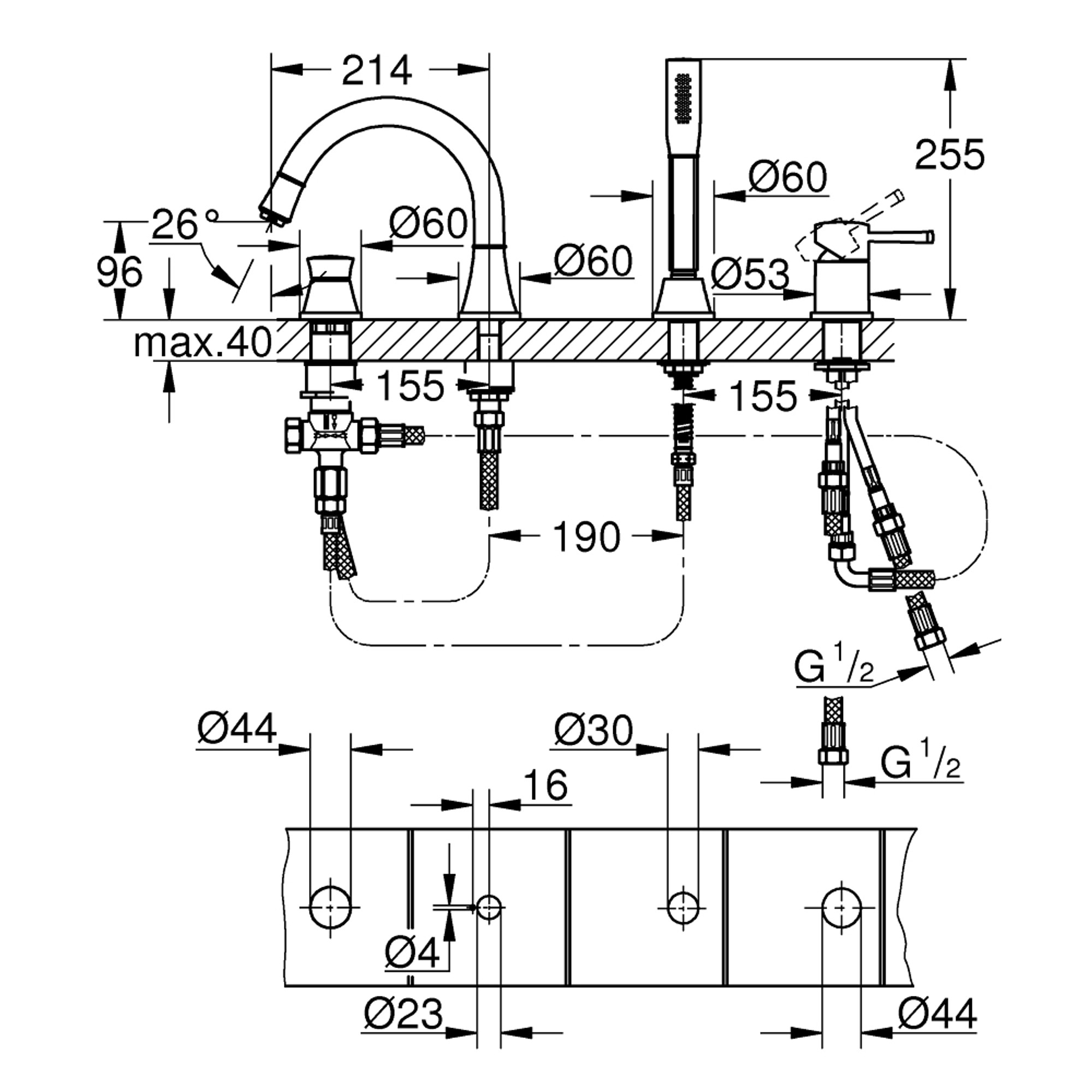 Grohe Grandera 4 Delikli Küvet Bataryası Seti Krom 29418000