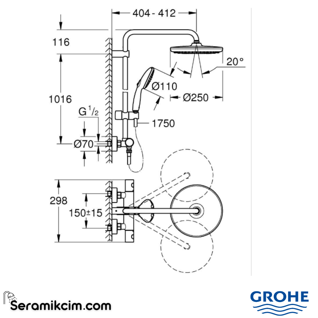 Grohe Grohe Tempesta System 250 Duvara Monte Termostatik Bataryalı Duş Kolonu, Mat Siyah 266702431