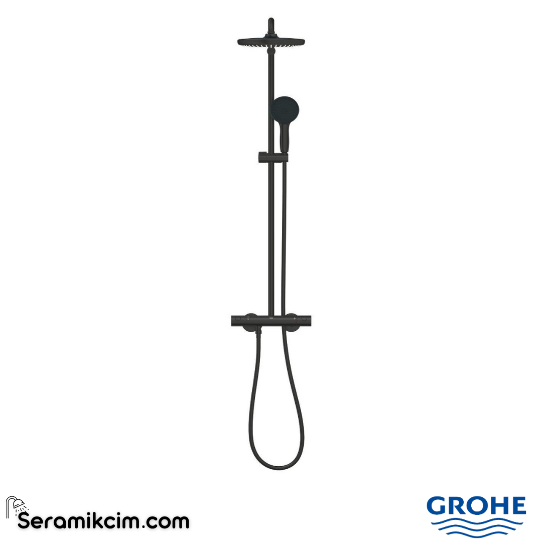 Grohe Grohe Tempesta System 250 Duvara Monte Termostatik Bataryalı Duş Kolonu, Mat Siyah 266702431