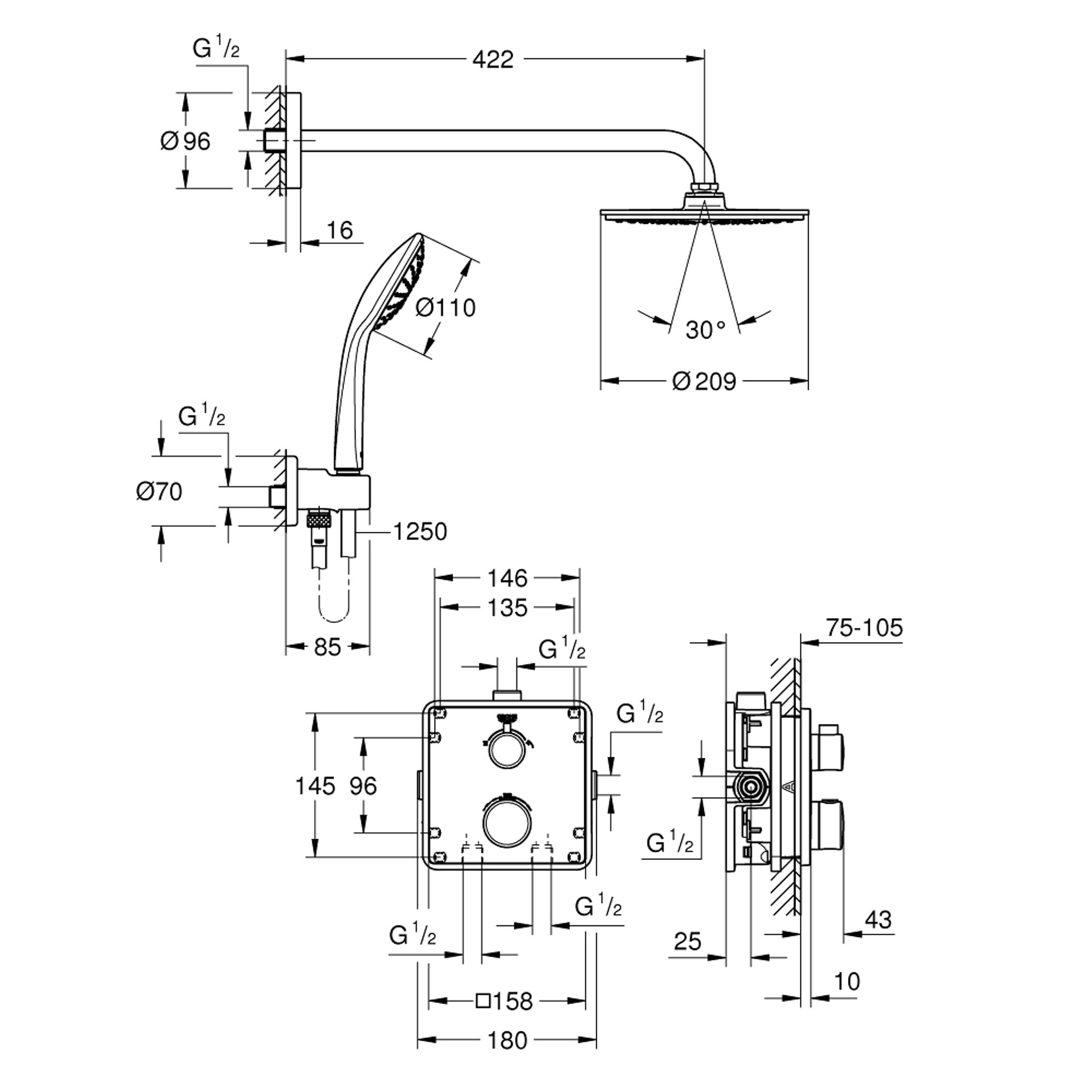 Grohe Grohtherm Ankastre Duş Seti Rainshower Cosmopolitan 210 Krom 34734000