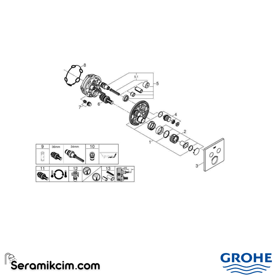 Grohe Grohtherm SmartControl Akış Kontrollü Ankastre Termostatik Banyo Bataryası (2 Yollu Sıva Üstü Grubu) Fırçalı Bakır 29124DL0 - 29124DL0
