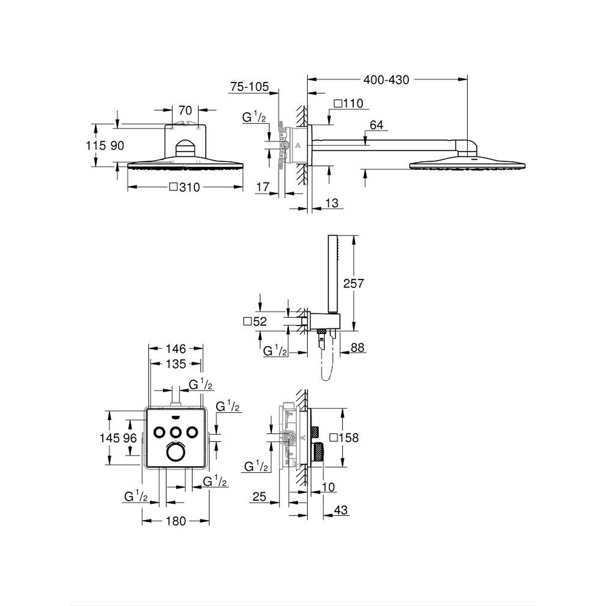 Grohe Grohtherm SmartControl Ankastre Duş Seti Rainshower SmartActive 310 Cube Krom 34804000