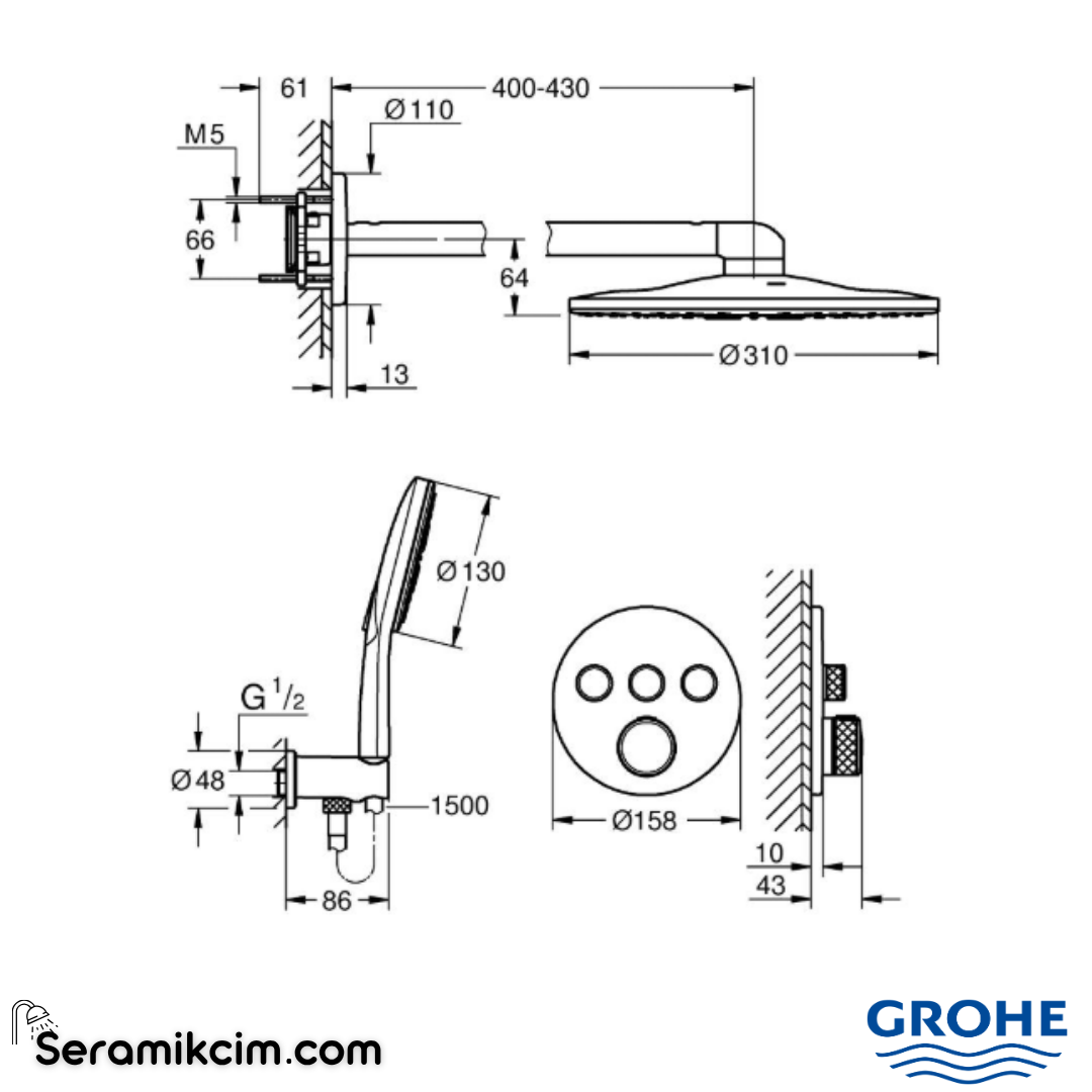 Grohe Grohtherm SmartControl Rainshower SmartActive 310 Ankastre Termostatik Duş Seti Krom 1039970000 - 1039970000