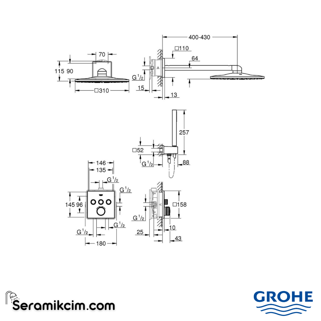 Grohe Grohtherm SmartControl Termostatik Ankastre Banyo Bataryası ve Duş Sistemi Seti 34706000 - 34706000
