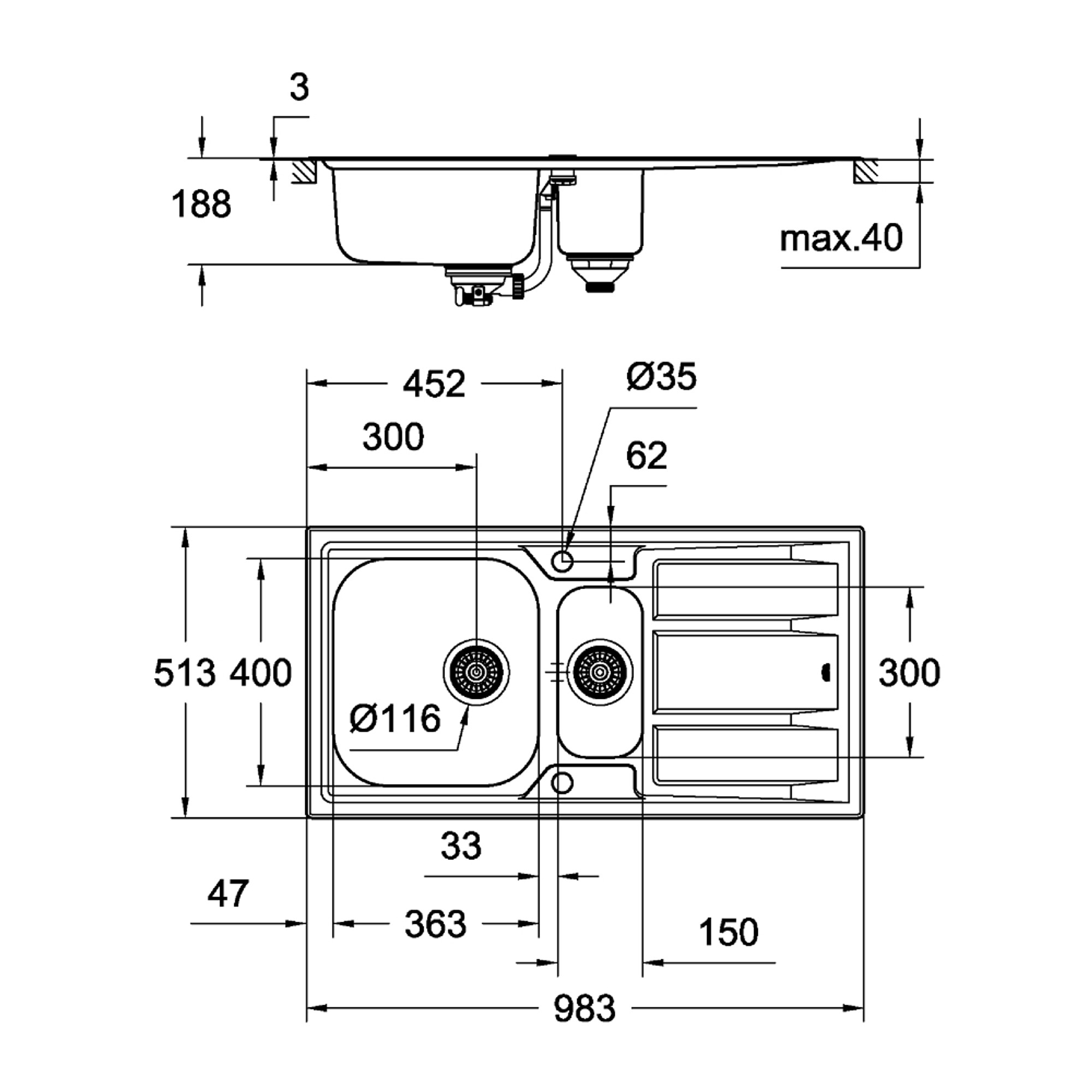 Grohe K400+ Damlalıklı 1,5 Gözlü Eviye Paslanmaz Çelik (Sağ-Sol Damlalıklı 98x51 cm) 31569SD0