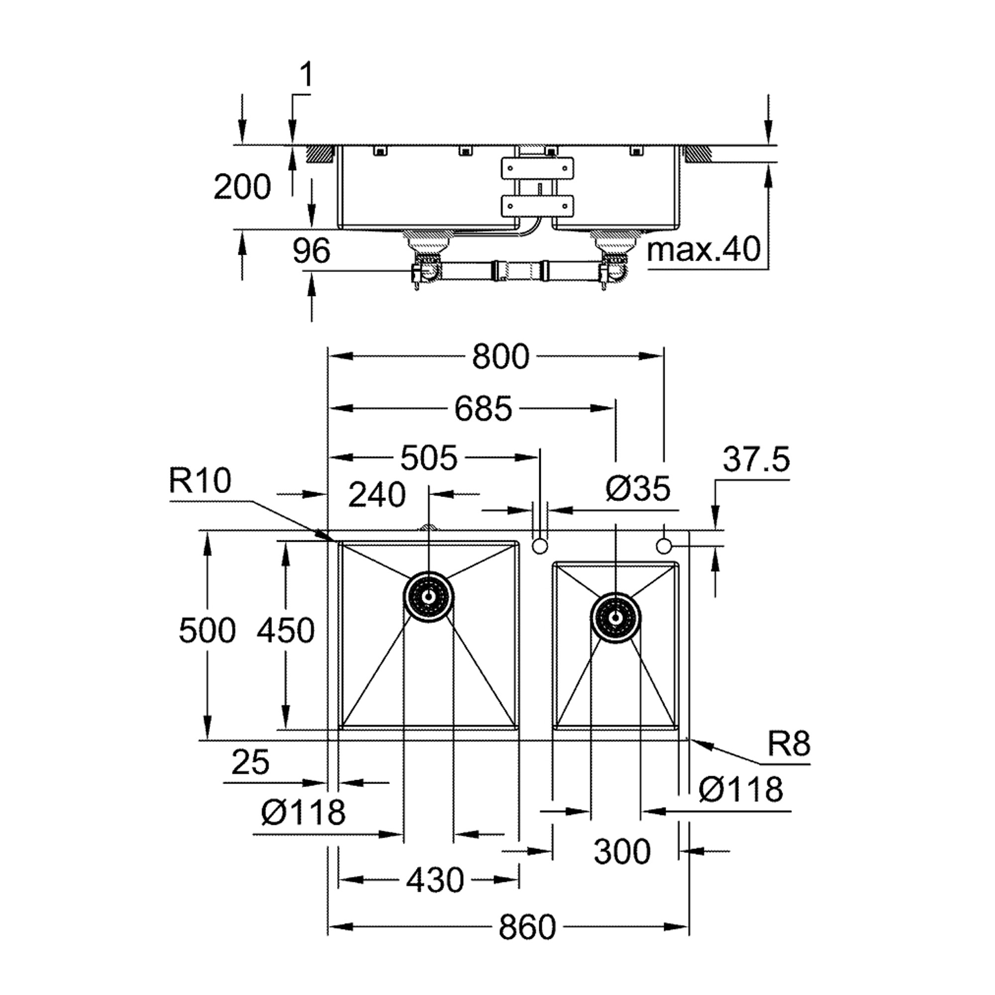 Grohe K800 Eviye 86x50 cm 2 Hazneli Paslanmaz Çelik 31855SD0
