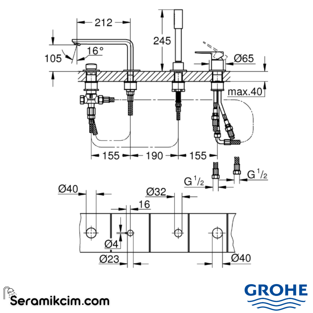 Grohe Lineare Dört Delikli Ankastre Küvet Bataryası (Sıva Üstü Grubu), Fırçalı Sert Grafit 19577AL1 - 19577AL1