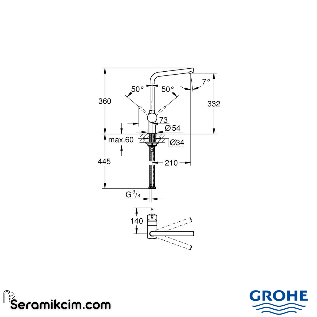 Grohe Minta Döner Borulu Eviye Bataryası, L Başlıklı Krom 31375000