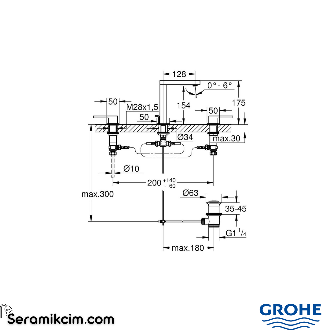 Grohe Plus 3 Delikli Ankastre Lavabo Bataryası, Sifon Kumandalı Krom 20301003