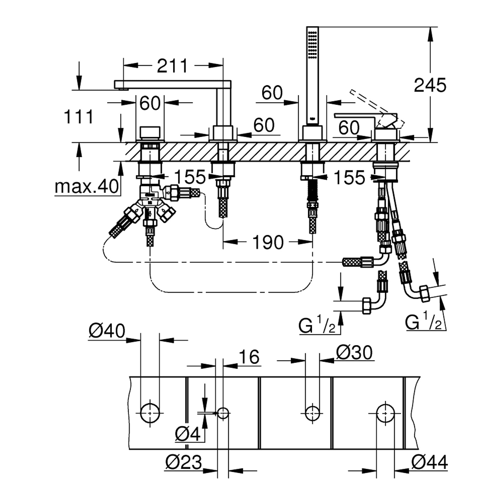 Grohe Plus 4 Delikli Küvet Bataryası Seti Paslanmaz Çelik 29307DC3