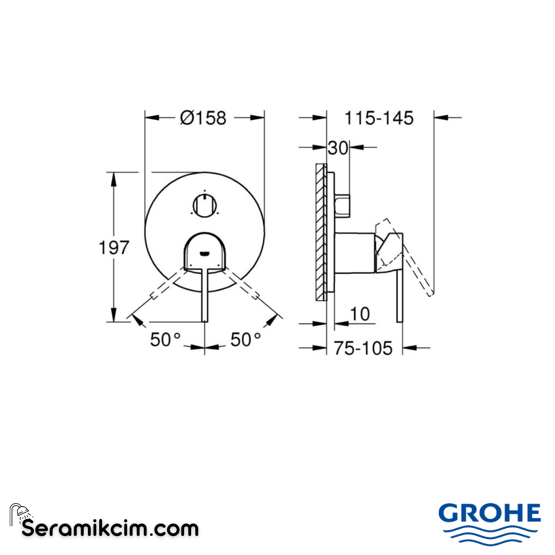 Grohe Plus Ankastre Banyo Bataryası (3 Yollu Sıva Üstü Grubu) Fırçalı Sert Grafit 24093AL3 - 24093AL3