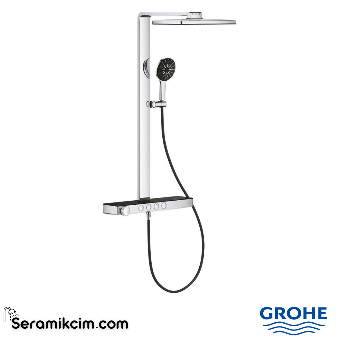 Grohe Rainshower Aqua Pure SmartControl Duş Sistemi, Duvara Monte, Termostatik Bataryalı Duş Kolonu, Siyah-Krom 100961KI00