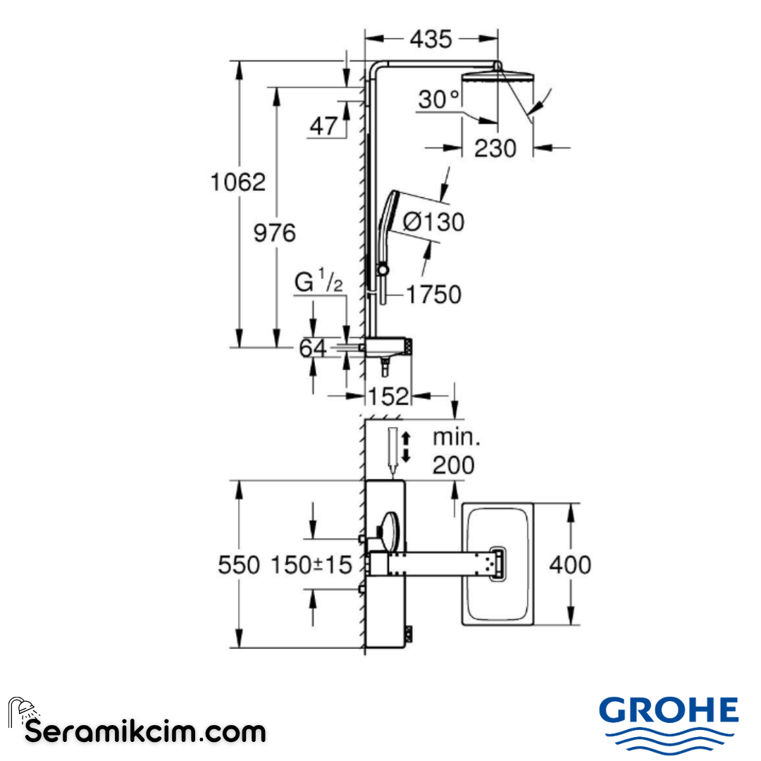 Grohe Rainshower Aqua Pure SmartControl Duş Sistemi, Duvara Monte, Termostatik Bataryalı Duş Kolonu, Parlak Bakır 100961DA00