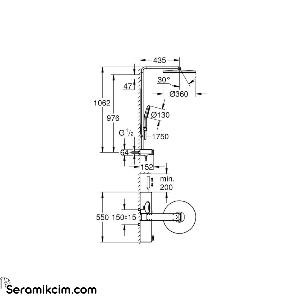 Grohe Rainshower Aqua Pure SmartControl Duş Sistemi, Duvara Monte, Termostatik Bataryalı Duş Kolonu, Fırçalı Sert Grafit 100964AL00