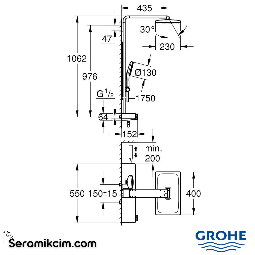 Grohe Rainshower Aqua Pure SmartControl Duş Sistemi, Duvara Monte, Termostatik Bataryalı Duş Kolonu, Siyah-Krom 100961KI00