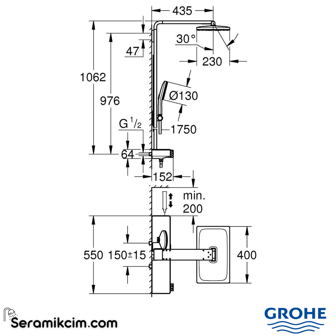 Grohe Rainshower Aqua Pure SmartControl Duş Sistemi, Duvara Monte, Termostatik Bataryalı Duş Kolonu Krom 1009610000