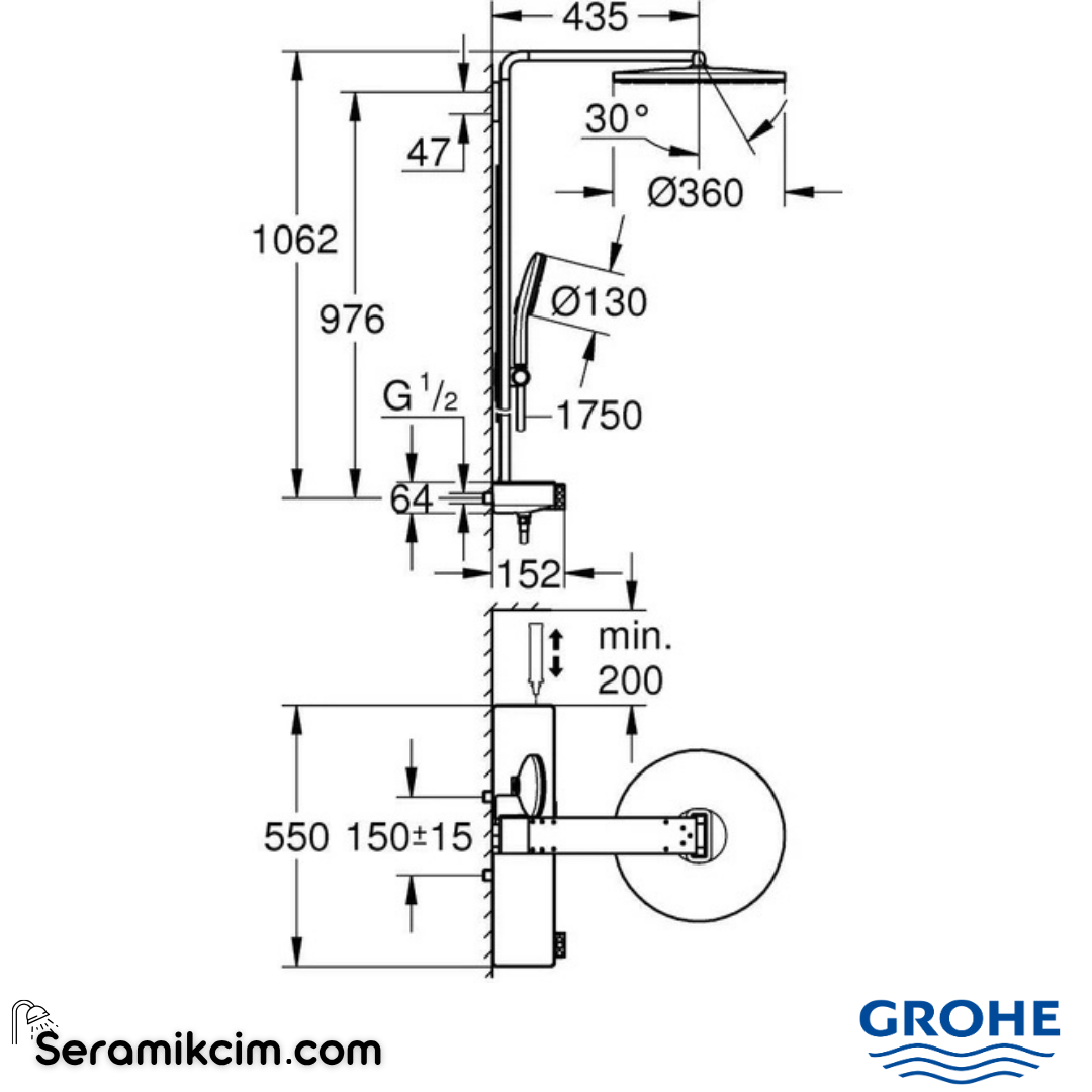 Grohe Rainshower Aqua Pure SmartControl Duş Sistemi, Duvara Monte, Termostatik Bataryalı Duş Kolonu, Siyah-Krom 100964KI00