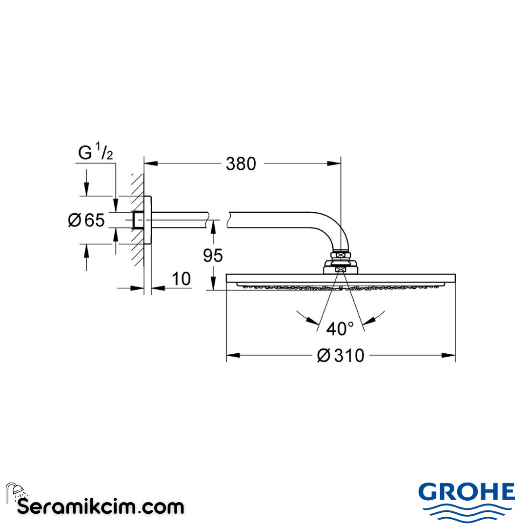 Grohe Rainshower Cosmopolitan 310 Tepe Duşu Seti 380 mm, Tek Akışlı, Paslanmaz Çelik 26066DC0 - 26066DC0