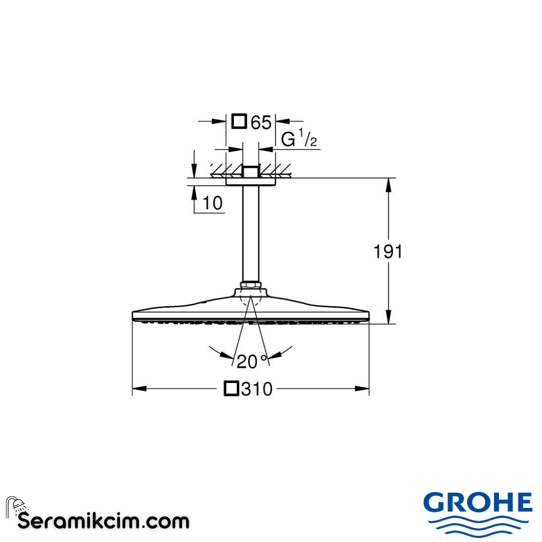 Grohe Rainshower Mono 310 Cube Tepe Duşu Seti, 31 cm, Fırçalı Sert Grafit Krom 26566AL0 - 26566AL0