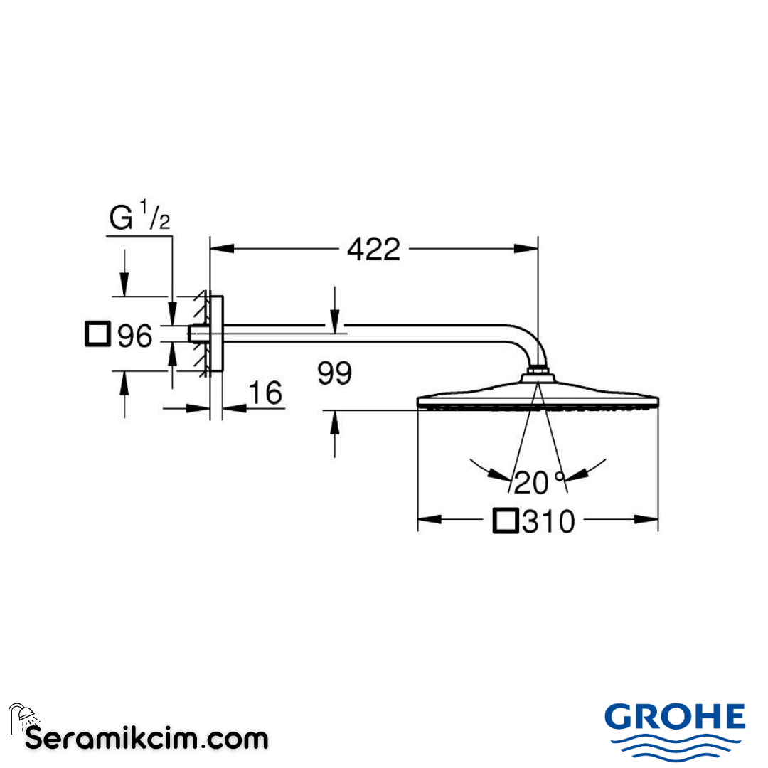 Grohe Rainshower Mono 310 Cube Tepe Duşu Seti, 31 cm, Tek Fonksiyonlu, Parlak Altın 26564GL0