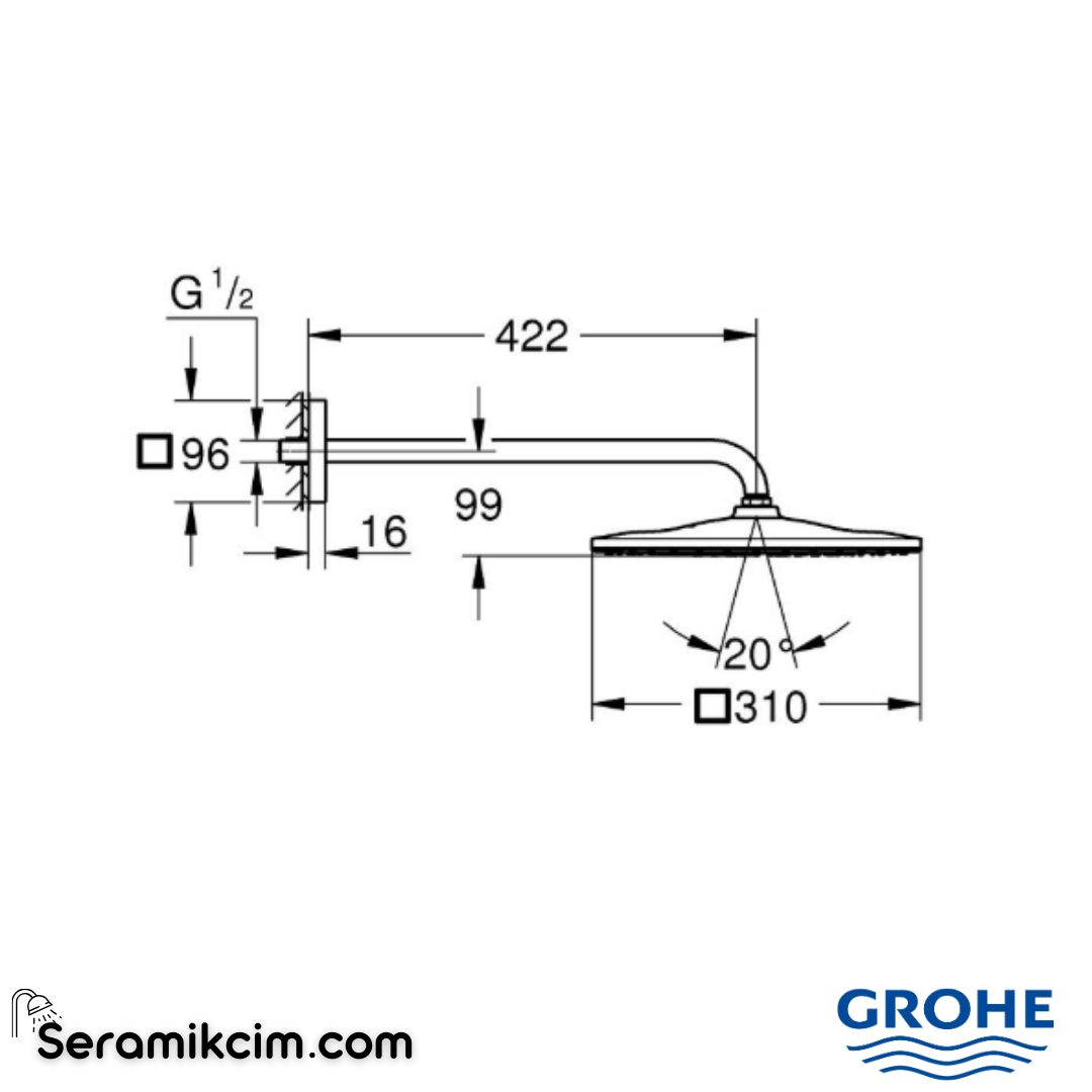 Grohe Rainshower Mono 310 Cube Tepe Duşu Seti, 31 cm Tek Akışlı, Paslanmaz Çelik 26564DC0
