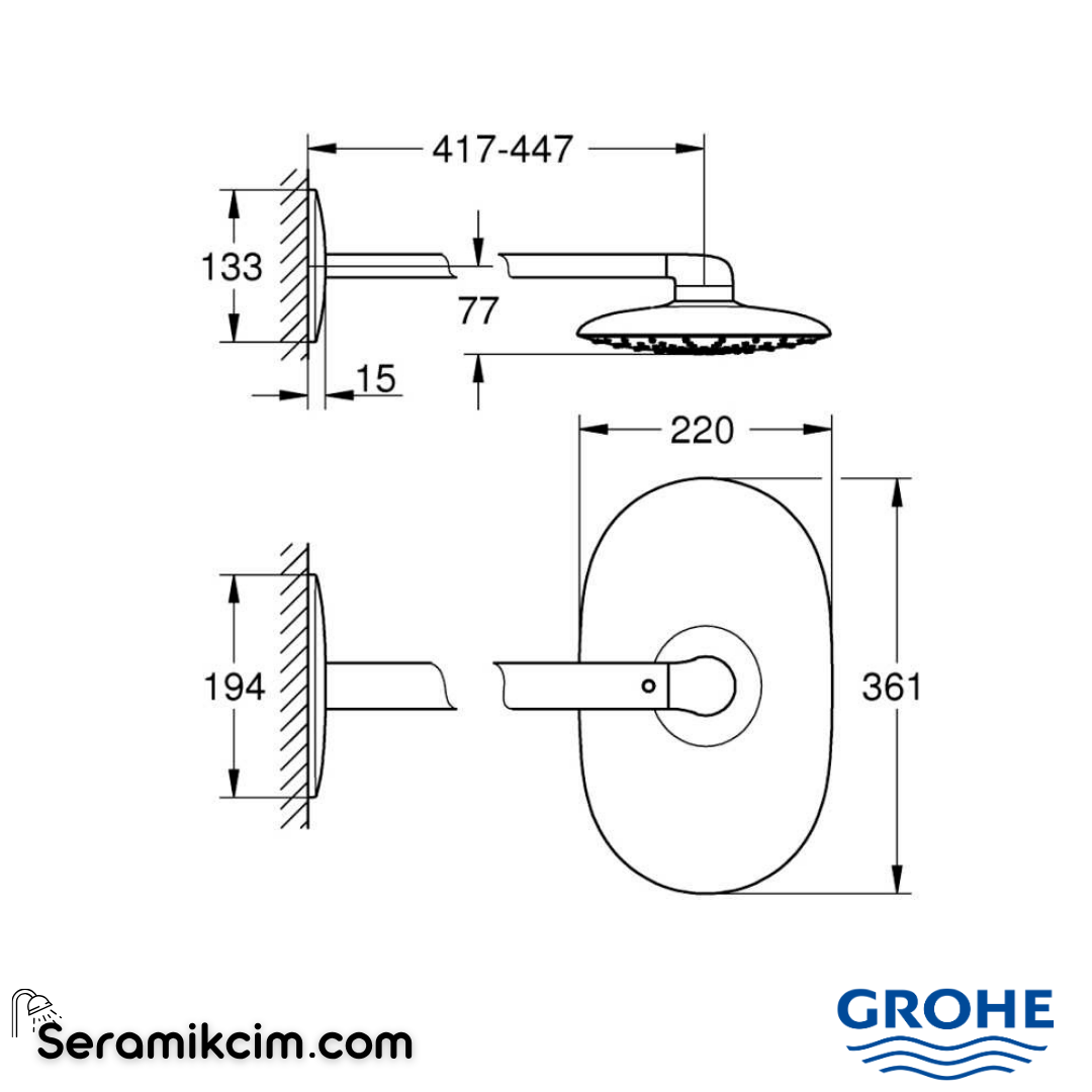 Grohe Rainshower Mono 360 Tepe Duşu Seti, 36 cm, Tek Fonksiyonlu Krom 26450000