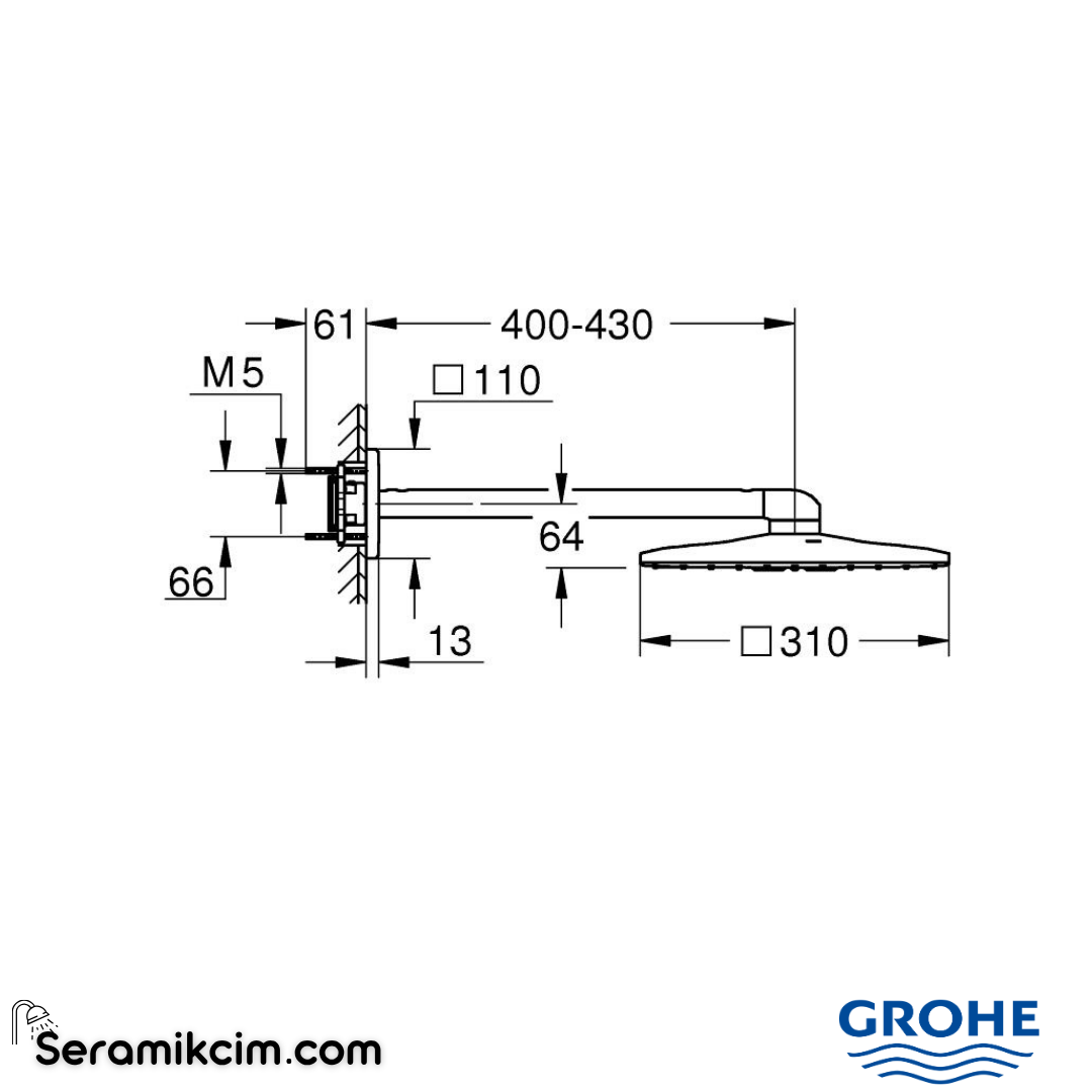 Grohe Rainshower SmartActive 310 Cube Tepe Duşu Seti, 31 cm, 2 Fonksiyonlu 43cm Krom 26479000 - 26479000