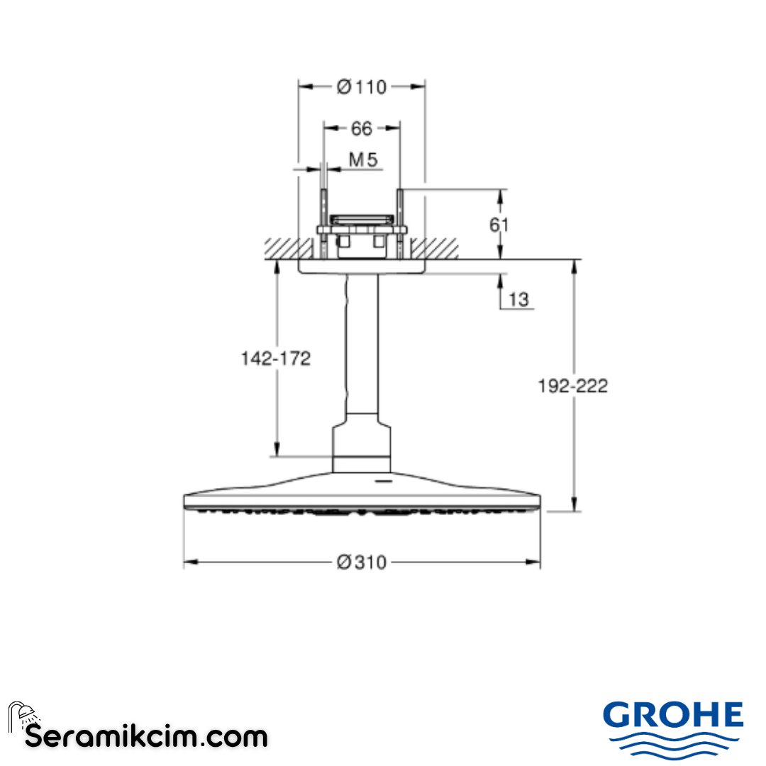 Grohe Rainshower SmartActive 310 Tepe Duşu Seti, 31 cm, Sert Grafit 26477A00