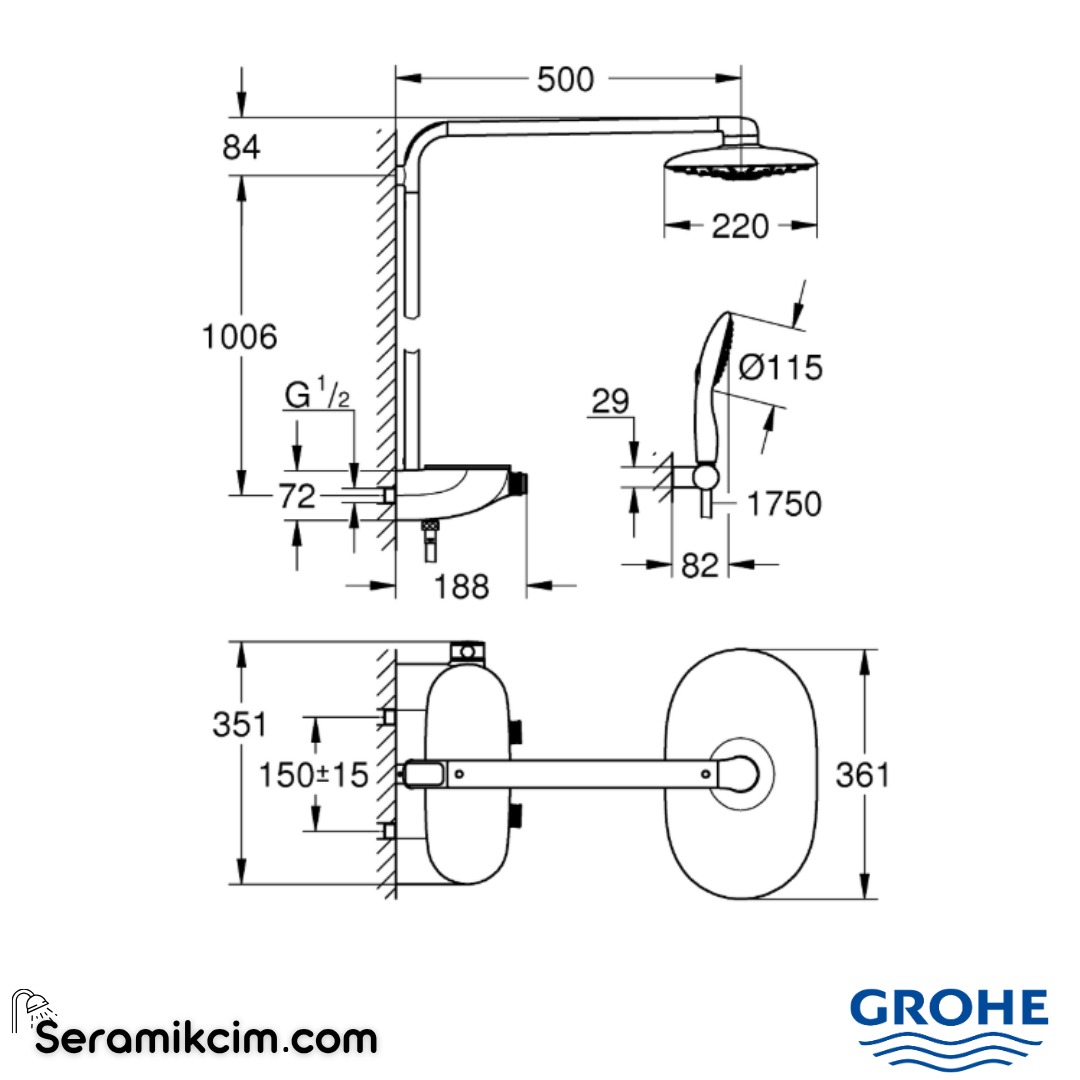 Grohe Rainshower SmartControl 360 DUO Termostatik Duş Bataryalı Duş Sistemi Krom 26250000