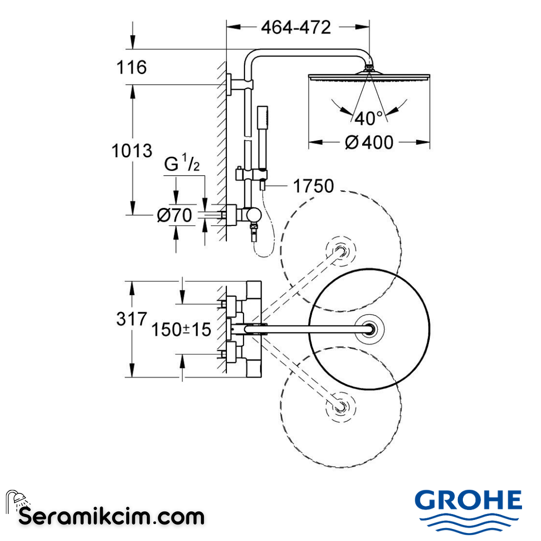 Grohe Rainshower System 400 Duvara Monte Termostatik Bataryalı Duş Kolonu Krom 27174001