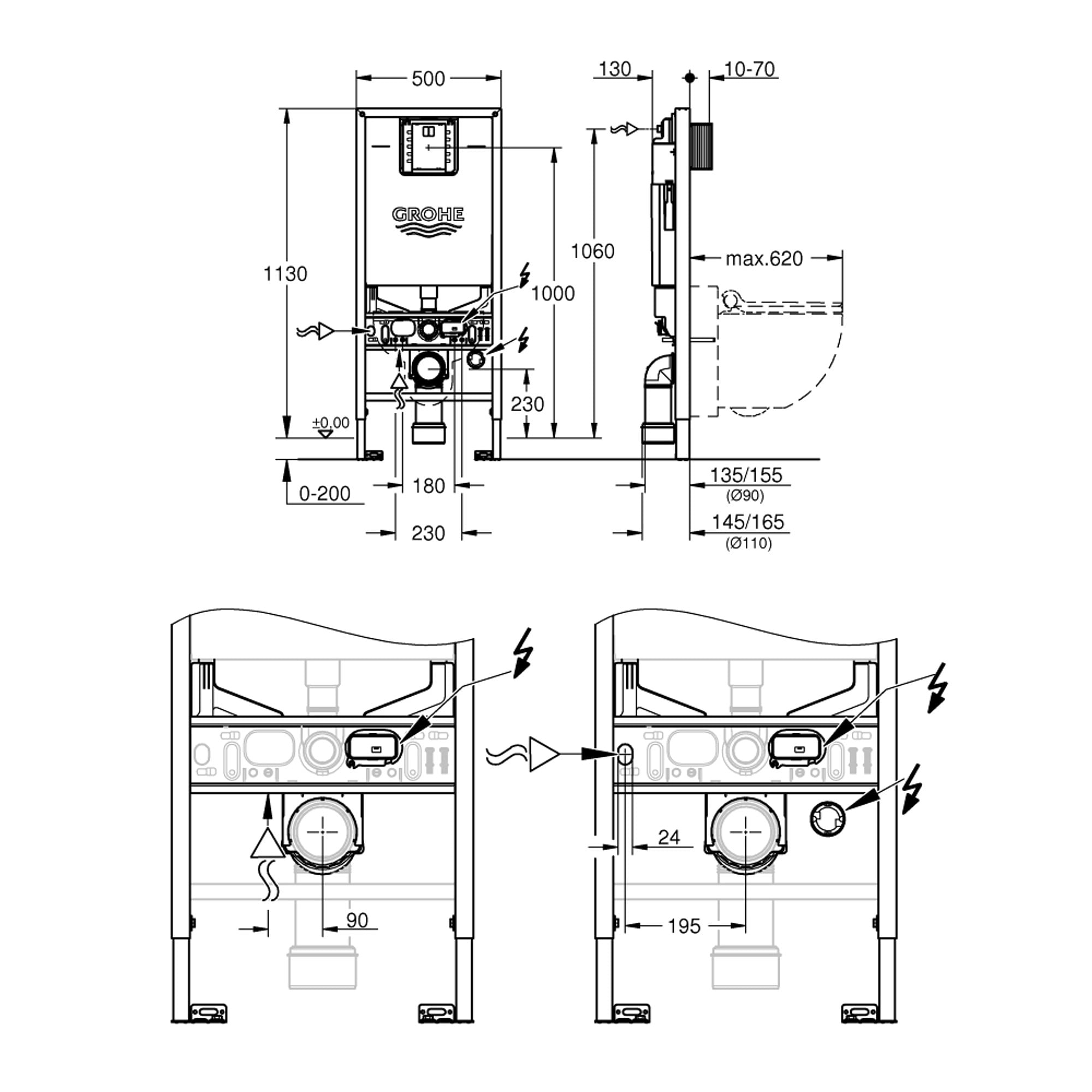 Grohe Rapid SLX Klozet Montaj Elemanı 113 cm Entegre Prizli Akıllı Klozet Bağlantılı 39596000