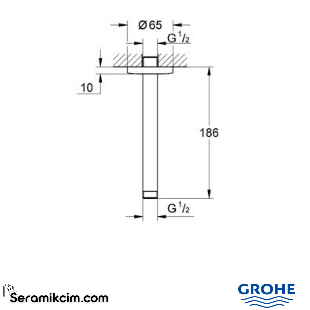 Grohe Tavandan Duş Başlığı İçin Tavan İniş Borusu, 186mm Krom 27559000 - 27559000