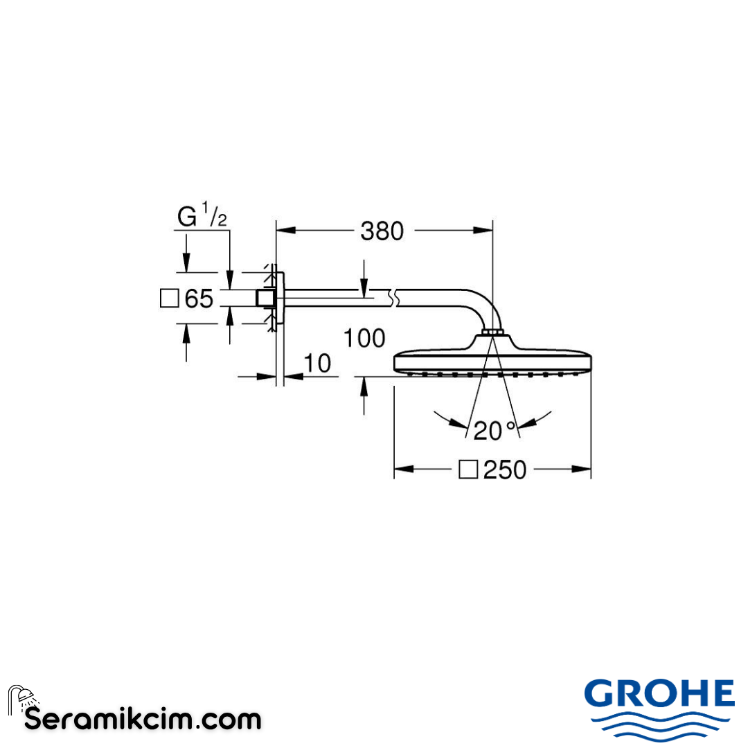 Grohe Tempesta 250 Kare Tepe Duşu Tek Akışlı, 25 cm (Duvardan Dirsek Dahil) Krom-Beyaz 26687000 - 26687000