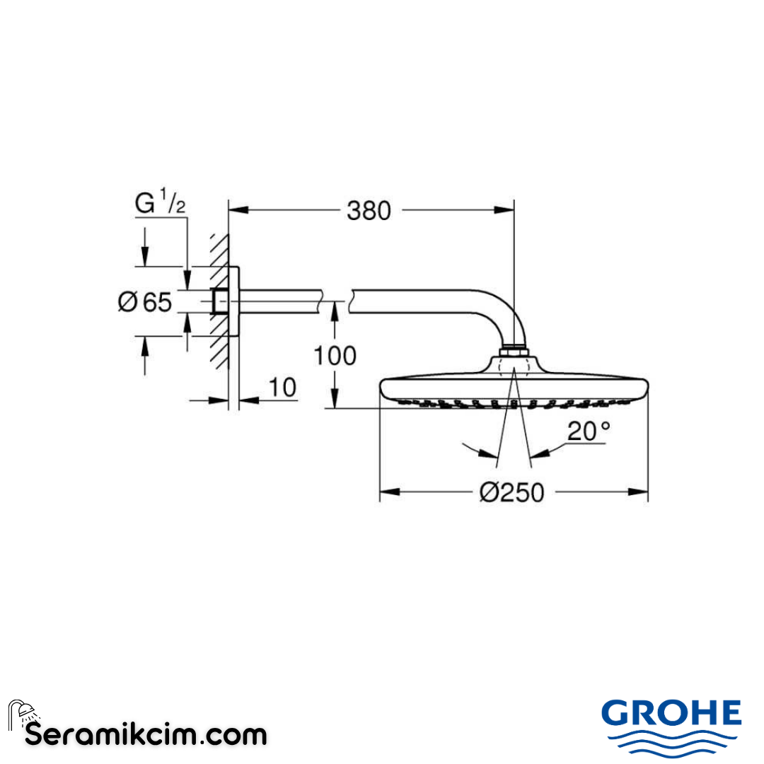 Grohe Tempesta 250 Yuvarlak Tepe Duşu Tek Fonksiyonlu, 25 cm (Duvardan Dirsek Dahil) Krom 26668000