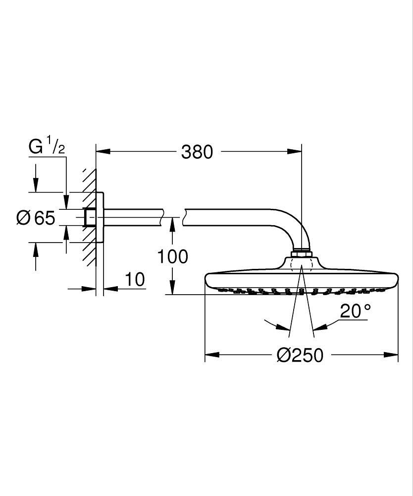 Grohe Tempesta 250 Yuvarlak Tepe Duşu Tek Akışlı, 25 cm (Duvardan Dirsek Dahil), Fırçalı Sert Grafit 26668AL0