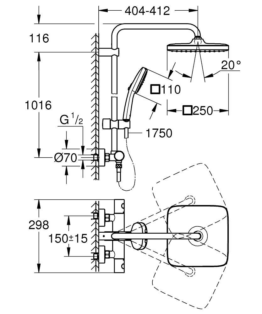 Grohe Tempesta Cosmopolitan System 250 Kare Duvara Monte Termostatik Bataryalı Duş Kolonu, Krom-Beyaz - 26689001