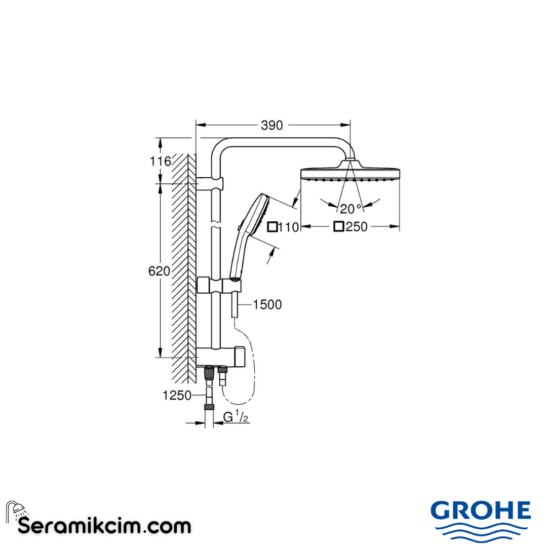 Grohe Tempesta System 250 Cube Kare Duş Başlıklı Duvara Monte Duş Sistemi Krom 26977001