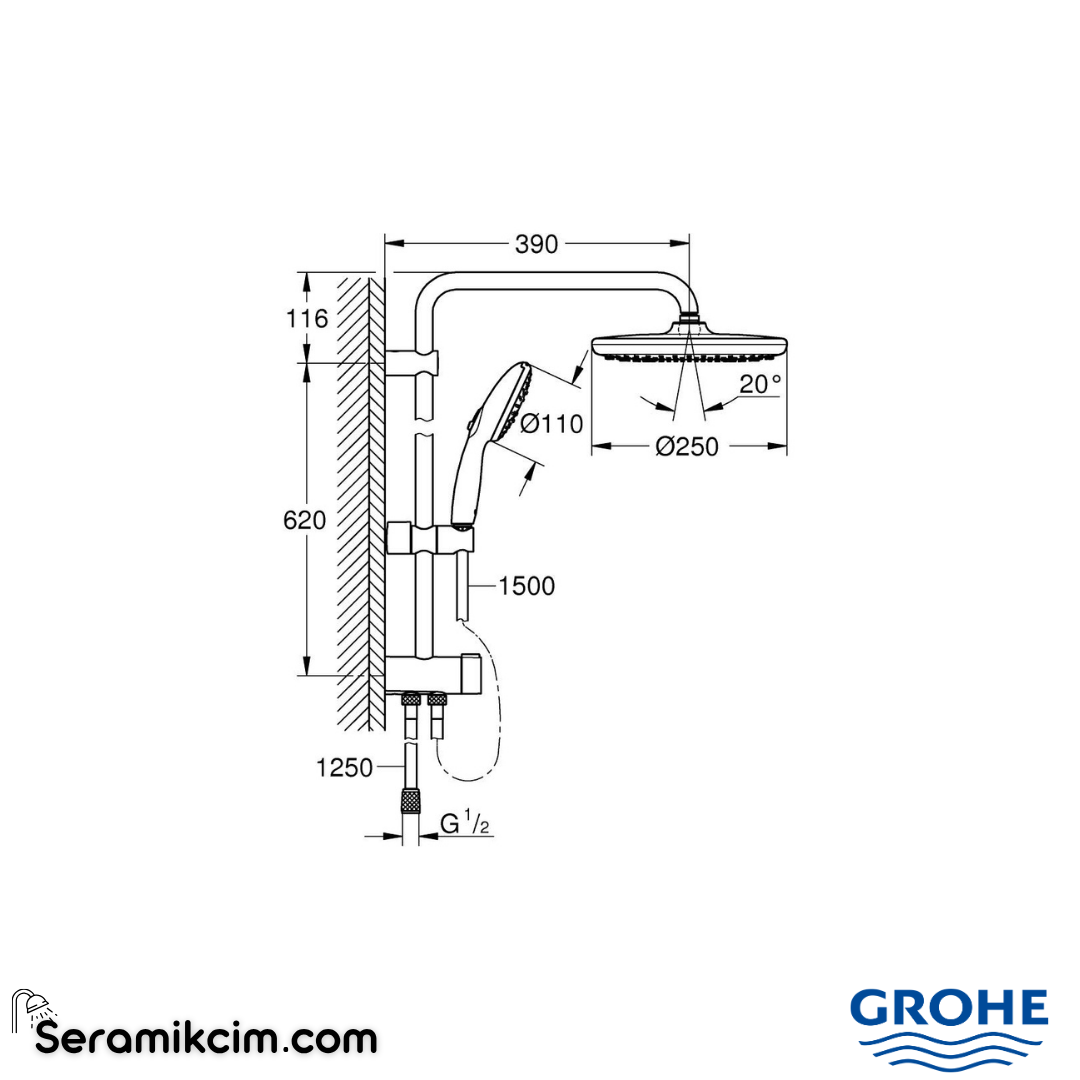 Grohe Tempesta System 250 Duvara Monte Duş Sistemi, Yön Değiştiricili, Krom-Beyaz 26980001