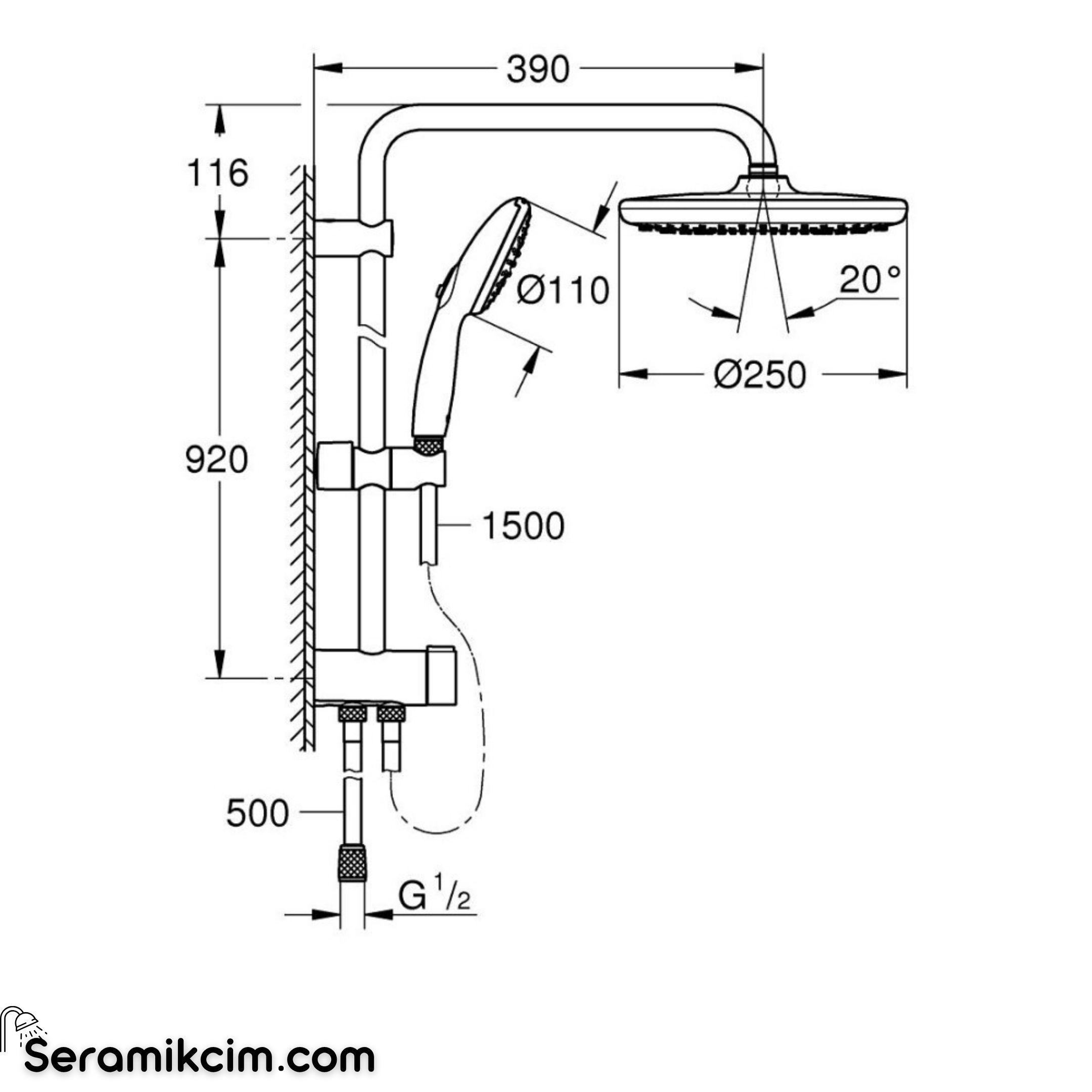 Grohe Tempesta System 250 Duvara Monte Duş Sistemi, Yön Değiştiricili Krom 26979001
