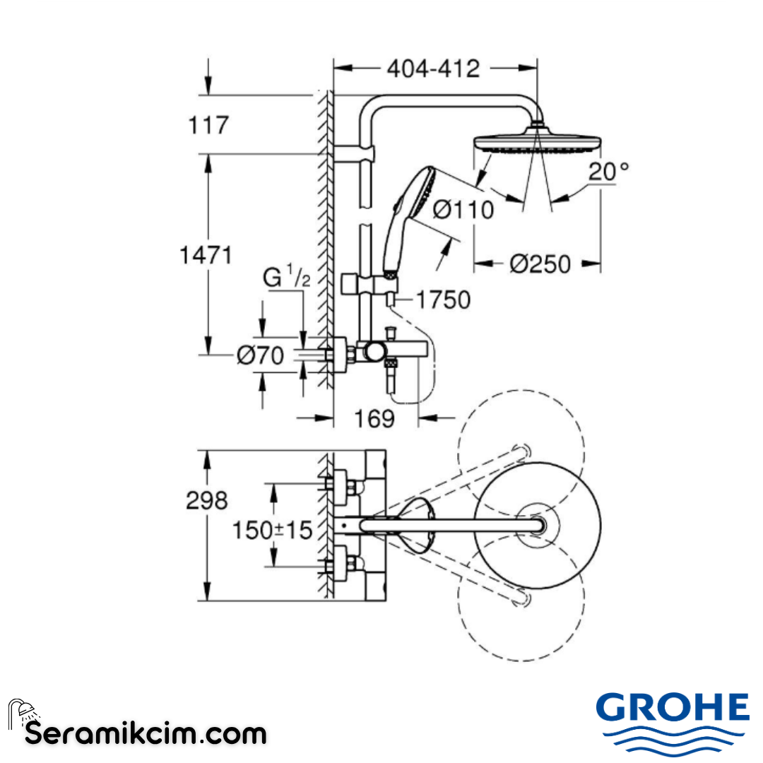 Grohe Tempesta System 250 Duvara Monte Termostatik Banyo Bataryalı Duş Kolonu, Mat Siyah 266722431 - 266722431